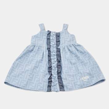 Pre Owned Fendi Kids Blue Logo Print Chambray Ruffled Detail Dress 6 Months 