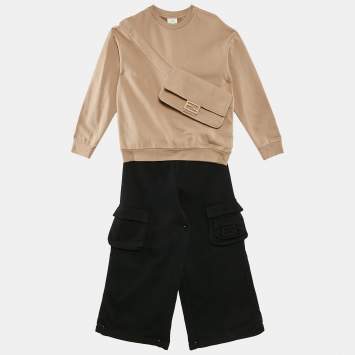Pre Owned Fendi Kids Beige/Black Cotton Knit Baguette Bag Sweatshirt and Sweatpants Set 12+ Yrs