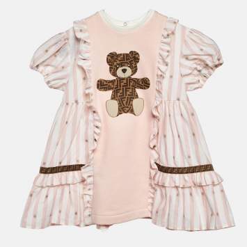 Pre Owned Fendi Kids Pink Logo Bear Print Dobby Cotton Ruffled Dress 18 M