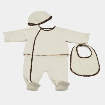 Pre Owned Fendi Beige FF Embossed Cotton Babygrow Set 3M