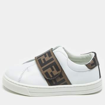 Pre Owned Fendi Brown/White Zucca Leather Logo Strap Sneakers Size 24