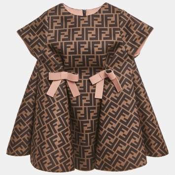 Pre Owned Fendi Kids Brown Zucca Print Knit Bow Detail Dress 18 M