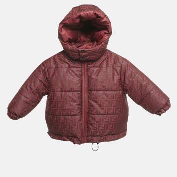 Pre Owned Fendi Kids Dark Red Zucca Monogram Print Synthetic Hooded Down Jacket 3 Yrs