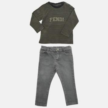 Pre Owned Fend Kids Grey /White Top Cotton & Denim 3 Piece Set 18 Months 