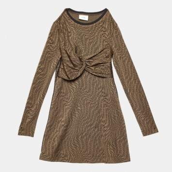 Pre Owned Fendi Kids Brown FF Vertigo Pattern Knit Bow Detail Dress 7 Yrs