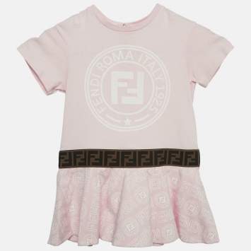 Pre Owned Fendi Kids Pink Logo Print Jersey Tiered Dress 24 M