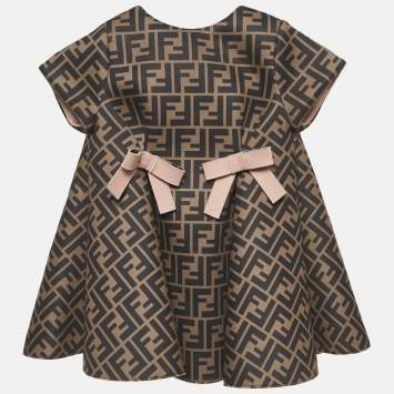 Pre Owned Fendi Brown Zucca Print Neoprene Bow Detail Mini Dress 12M