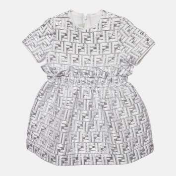 Pre Owned Fendi Kids Silver Zucca Jacquard Lurex Ruffled Dress 4 Yrs