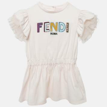 Fendi Baby Pink Logo Applique Tulle Ruffled Sleeve Dress 24M