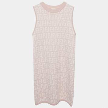 Pre Owned Fendi Kids Pink FF Zucca Monogram Intarsia Knit Dress 14 Yrs