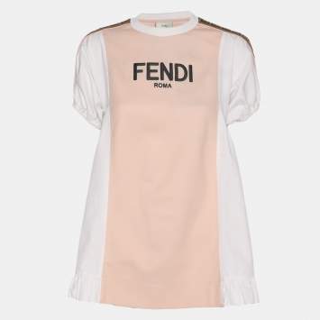 Pre Owned Fendi Kids Pink/White Jersey Logo Embroidered Dress 7 Yrs