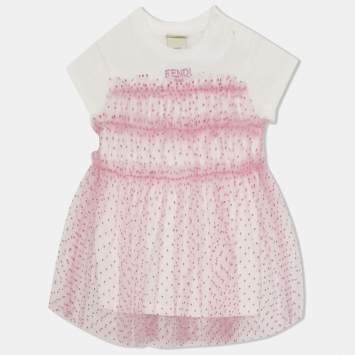 Pre Owned Fendi Pink Dotted Tulle & White Cotton Knit Dress 12 months