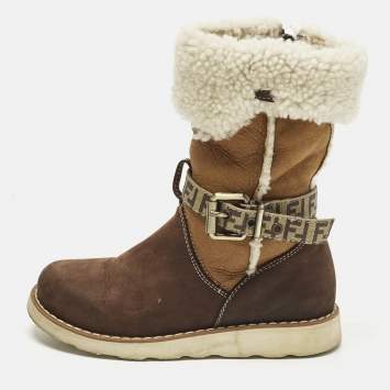 Pre Owned Fendi Size 31 Brown Suede and Shearing Calf Length Boots 