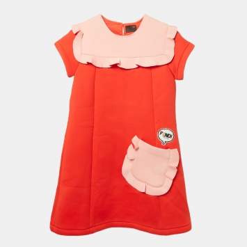 Pre Owned Fendi Kids Red/Pink Neoprene Frill Detail Dress 10Yrs