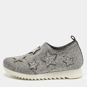 Pre Owned Giuseppe Zanotti  Size 29 Silver Knit Fabric Star Embellished Slip On Sneakers 