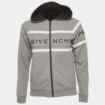 Pre Owned Givenchy Kids Grey Logo Striped Cotton Knit Zip-Up Hoodie 10 Yrs 