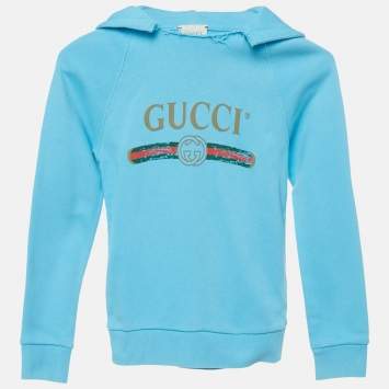 مملوكة مسبقًا Gucci Kids Blue Logo Print Cotton Distressed Hoodie 6 Yrs