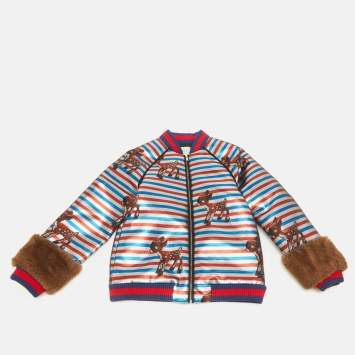مملوكة مسبقًا Gucci Kids Multicolor Striped Glitter Faux Fur Trim Bomber Jacket 10Yrs  