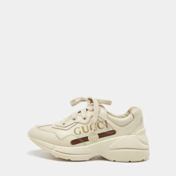 مملوكة مسبقًا Gucci Cream Leather Kids Rhyton Trainer Sneakers Size 30