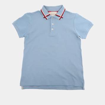 Pre Owned Gucci Powder Blue Web Collar Jersey Polo T-Shirt 8 Yrs