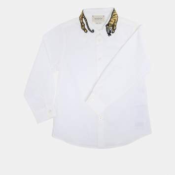 Gucci White Poplin Tiger Embroidered Long Sleeve Shirt 4 Yrs
