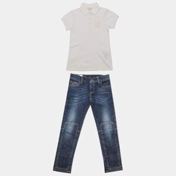 مملوكة مسبقًا Gucci Kids White/Blue Cotton Polo T-Shirt and Jeans Set 6 Yrs