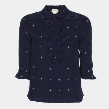 Gucci Navy Blue Silk Star Embroidered Ruffled Blouse 10Y