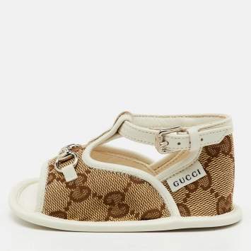 Pre Owned Gucci Beige/White GG Canvas and Leather Horsebit Sandals Size 16