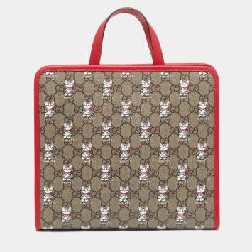 Pre Owned Gucci Beige/Red Cat GG Supreme Canvas and Leather Tote
