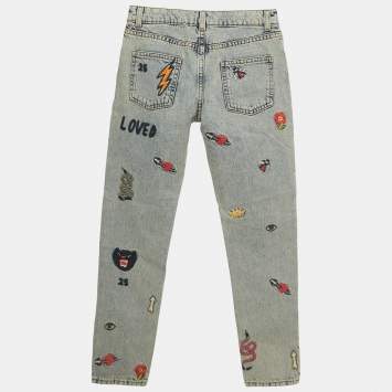 Pre Owned Gucci Blue Distressed Embroidered Denim Jeans (10 Yrs)