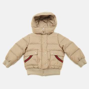 Pre Owned Gucci Kids Beige GG Print Nylon Down Jacket 12/18M