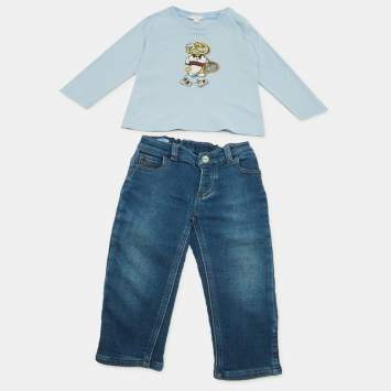 مملوكة مسبقًا Gucci Kids Blue Printed Jersey and Denim T-Shirt Set 9/12M and 12/18M