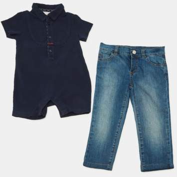 مملوكة مسبقًا Gucci Kids Blue Cotton and Denim Onesie Set 6/9M and 9/12M