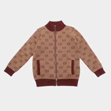 Pre Owned Gucci Kids Red/Beige GG Jacquard Knit Jacket 4Yrs