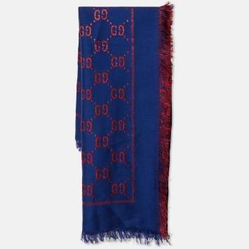Pre Owned Gucci Blue/Red GG Jacquard Wool and Silk Blend Scarf 