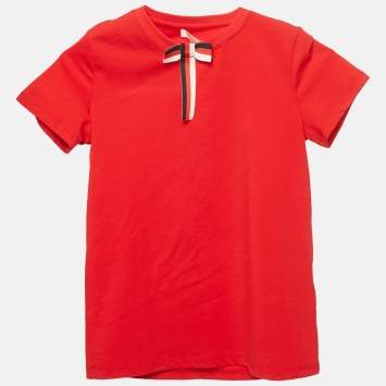 Pre Owned Gucci Kids Red Cotton Bow Detail Crew Neck T-Shirt 8 Yrs