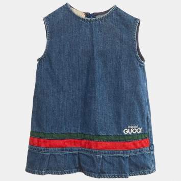 Pre Owned Gucci Kids Blue Denim Web Trim A-Line Dress 8/24M