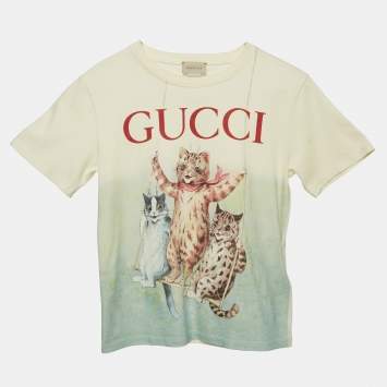 Pre Owned Gucci Kids Cream Cats Print Jersey T-Shirt 8 Yrs 