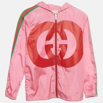 Pre Owned Gucci Kids Pink GG Print Nylon Wed Trim Jacket 8Yrs