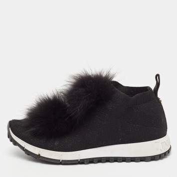 Pre Owned Jimmy Choo Black Knit Fabric and Lurex Norway Pom Pom Sneakers Size 34 (Kids)