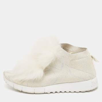 Pre Owned Jimmy Choo White/Silver Knit Fabric and Lurex Norway Pom Pom Sneakers Size 34 (Kids)