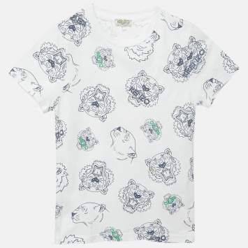 Pre Owned Kenzo Kids White Multi-Icon Print Cotton T-Shirt 8 Yrs 