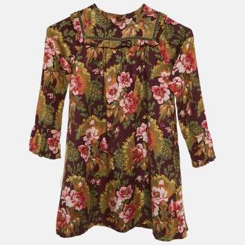 Kenzo Kids Burgundy Floral Print Crepe Ruffled Dress 6 Yrs 