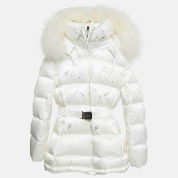 مملوكة مسبقًا Manudieci Kids Ecru Embellished Detail Synthetic Detachable Hood Down Jacket 10Y