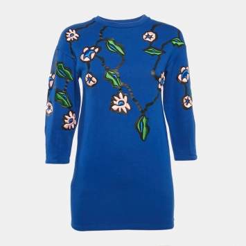 Pre Owned Marni Blue Floral Embroidered Cotton Knit Dress 8 Yrs