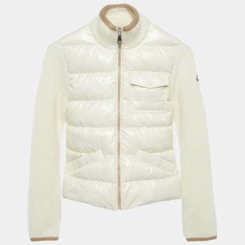 Pre Owned Moncler Kids Ivory Nylon and Rib Knit Down Cardigan Jacket  12 Yrs
