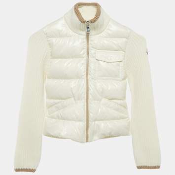 Pre Owned Moncler Kids Ivory Nylon and Rib Knit Down Cardigan Jacket 8 Yrs