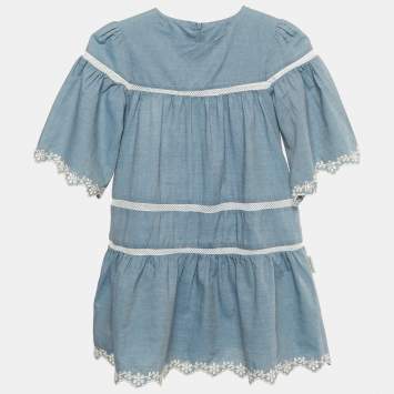 Pre Owned Moncler Kids Blue Lace Trim Chambray Mini Dress 8Yrs 