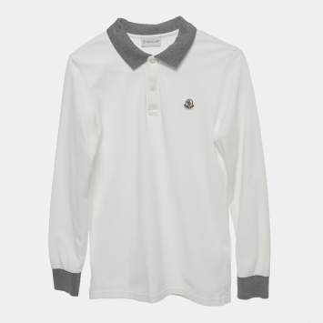 Pre Owned Moncler Kids White Log Applique Cotton Pique Full Sleeve Polo T-Shirt 12 Yrs 