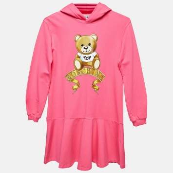 Pre Owned Moschino Teen Pink Teddy Print Cotton Hooded Dress 12 Y
